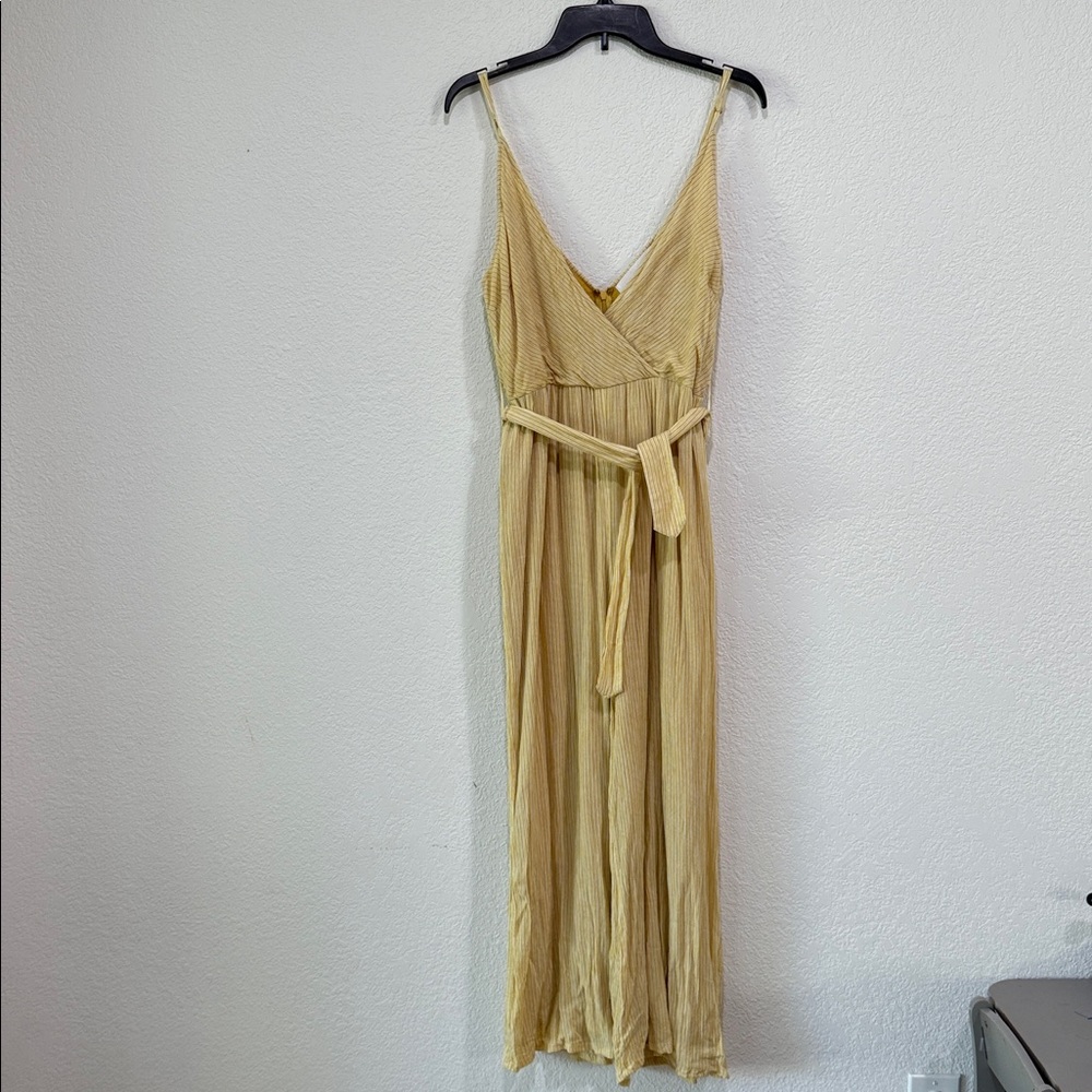Vacate The Label Yellow Striped Wide Leg Romper Jumpsuit Tie Waist V-Neck